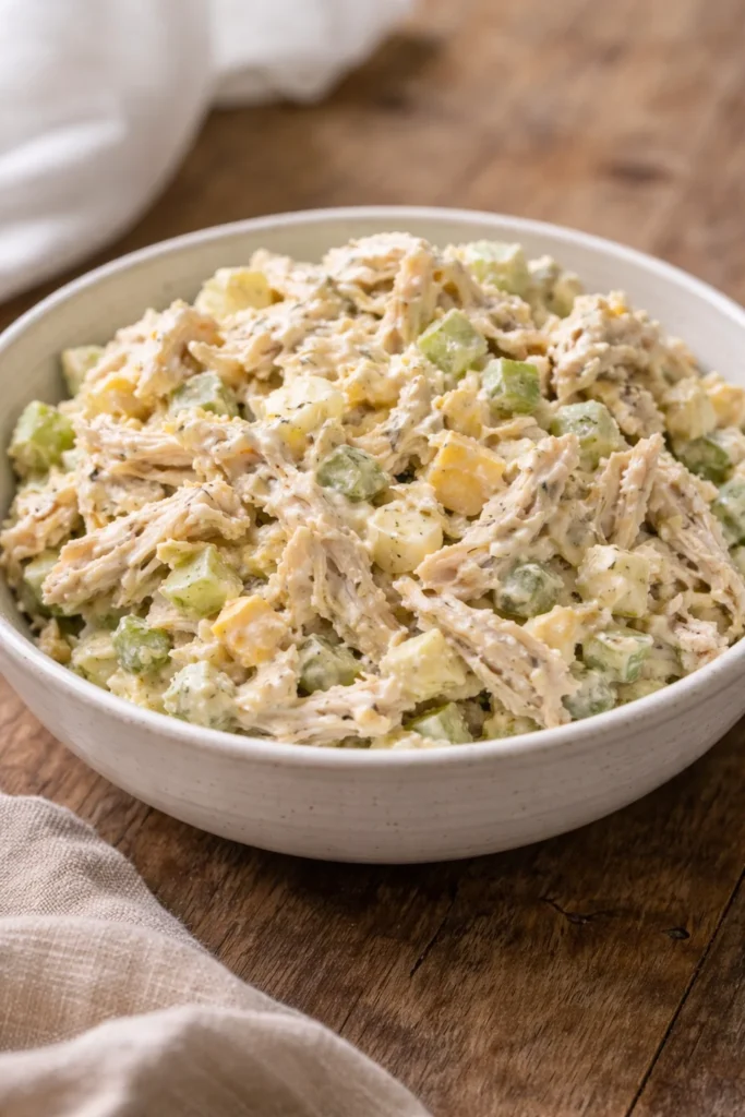 Bowl of Old Fashioned Chicken Salad with fresh ingredients