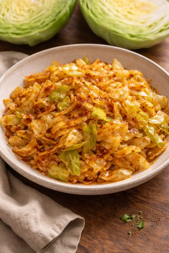 Plate of paprika sautéed cabbage garnished with herbs