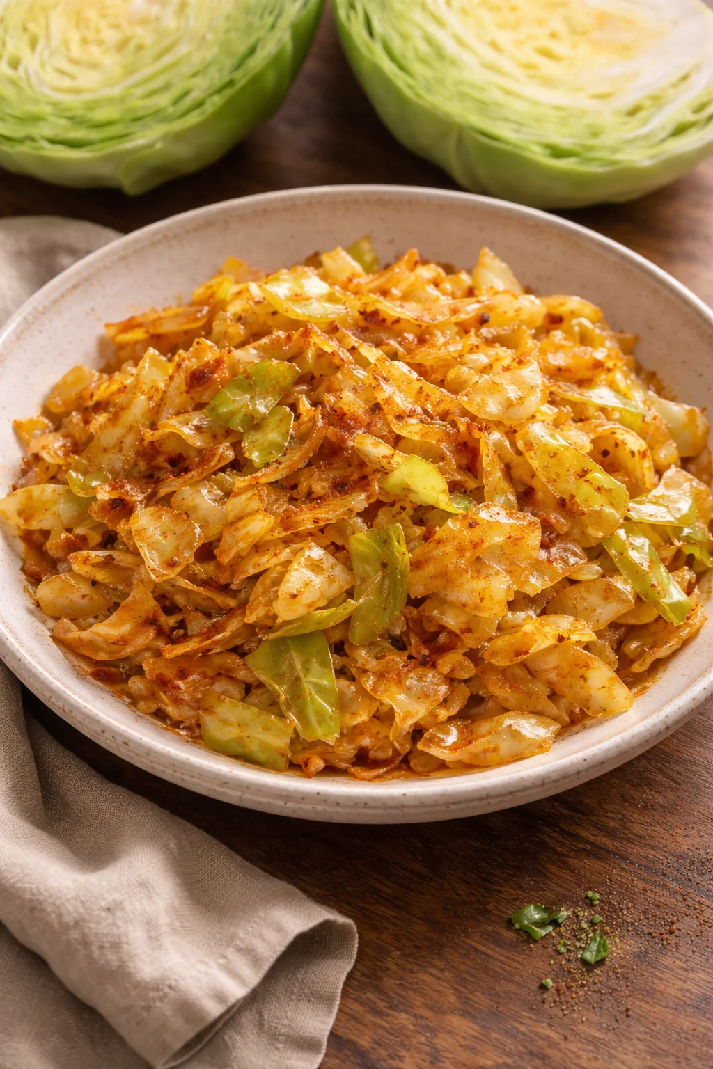 Plate of paprika sautéed cabbage garnished with herbs