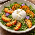 Fresh Peach Burrata Salad with vibrant peaches and creamy burrata cheese