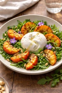 Fresh Peach Burrata Salad with vibrant peaches and creamy burrata cheese