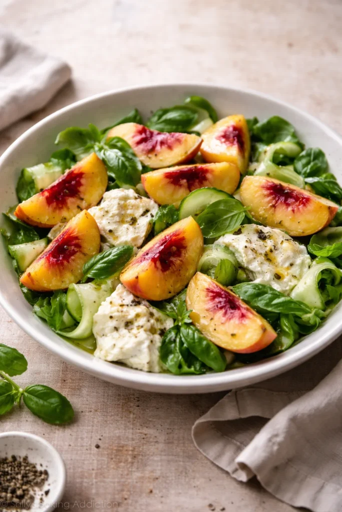 Delicious Peach Caprese Salad with Burrata cheese and fresh basil leaves