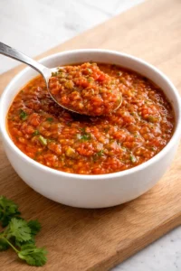 Homemade quick canned tomato salsa in a jar