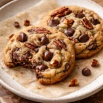 Plate of simple browned butter pecan chocolate chip cookies.