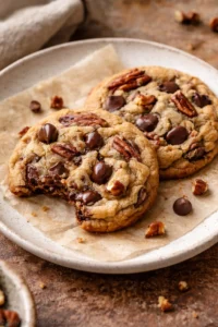 Plate of simple browned butter pecan chocolate chip cookies.
