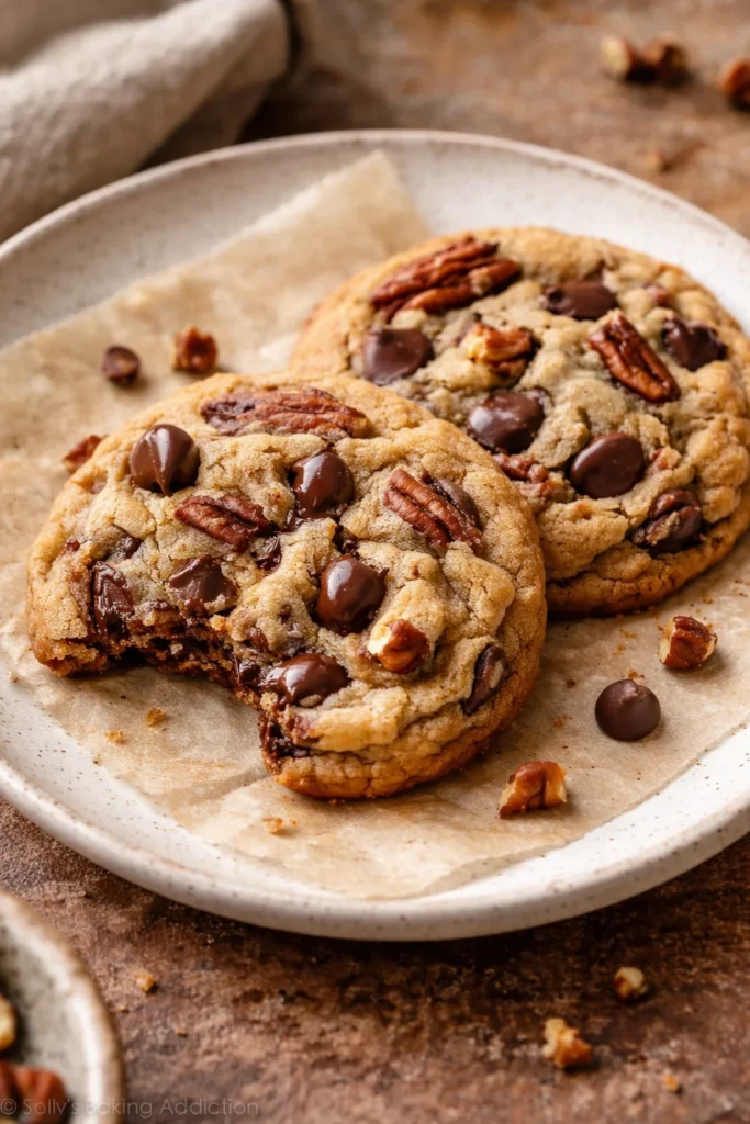 Plate of simple browned butter pecan chocolate chip cookies.