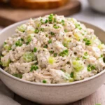 Delicious simple chicken salad served in a bowl with fresh ingredients