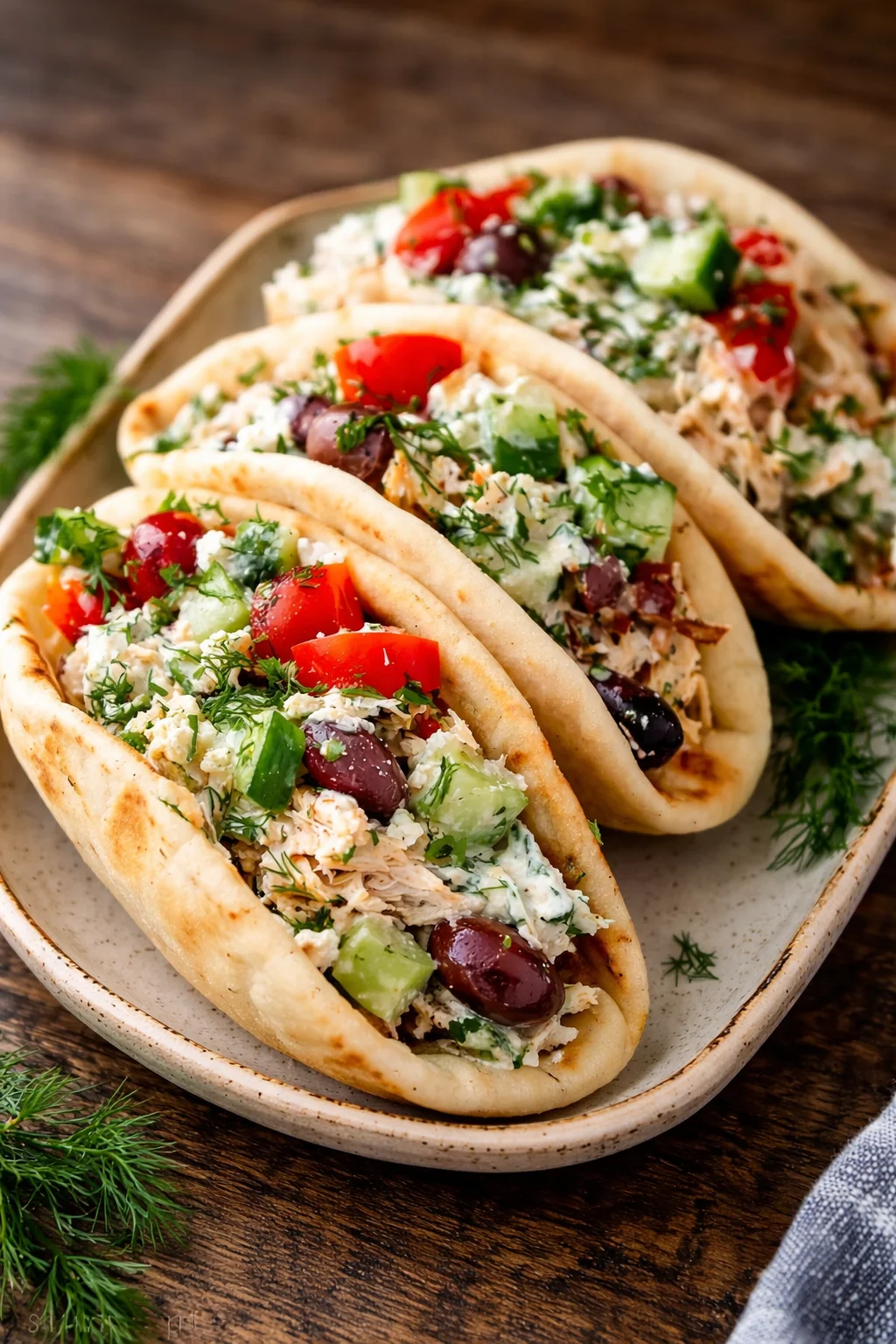 Simple tzatziki rotisserie chicken salad in a bowl with fresh ingredients