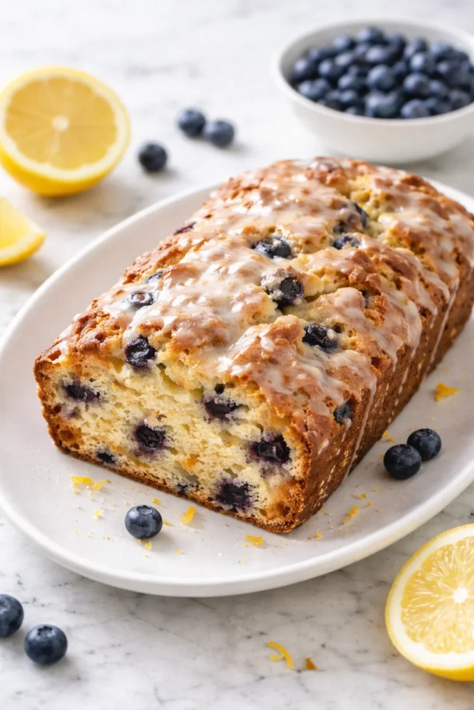 Sourdough Blueberry Lemon Quick Bread baked and sliced on a wooden board