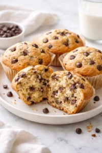 Freshly baked sourdough chocolate chip muffins on a cooling rack