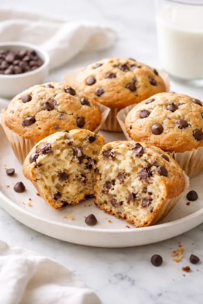 Freshly baked sourdough chocolate chip muffins on a cooling rack