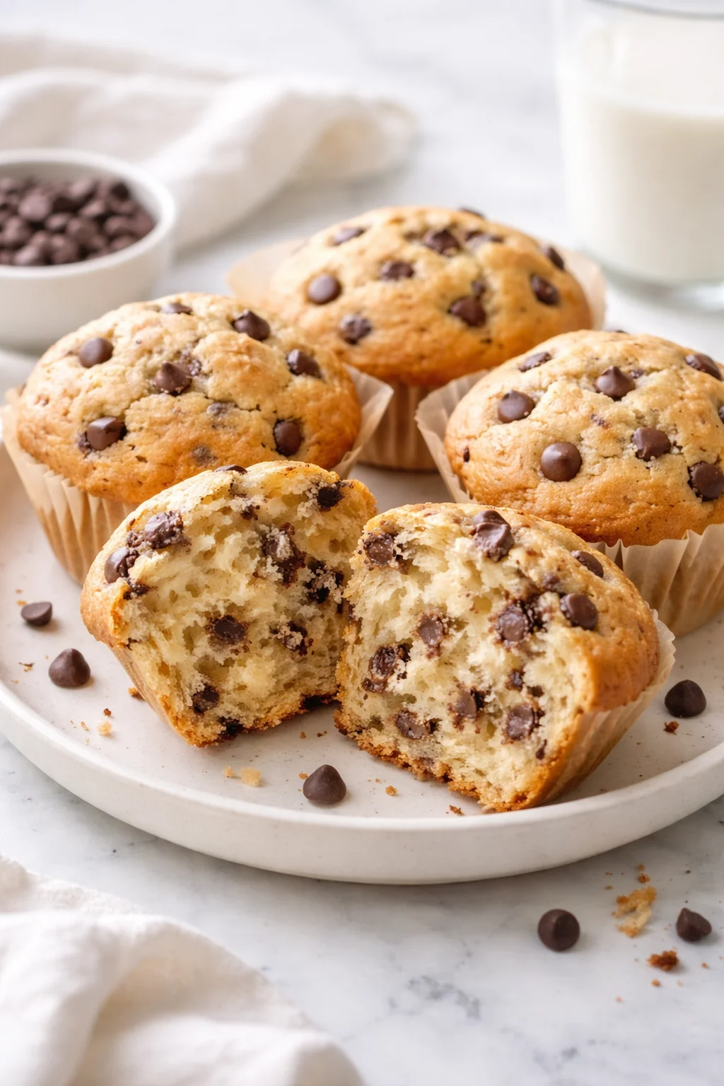 Freshly baked sourdough chocolate chip muffins on a cooling rack