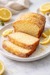 Sourdough discard lemon cake topped with fresh lemon zest and slices