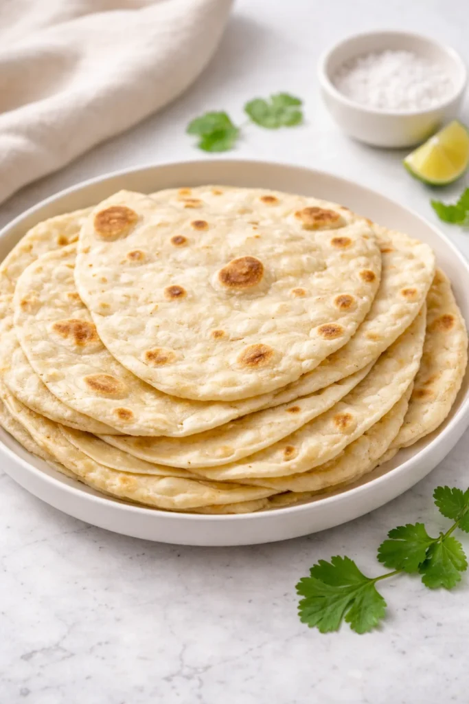 Homemade sourdough tortillas on a wooden surface