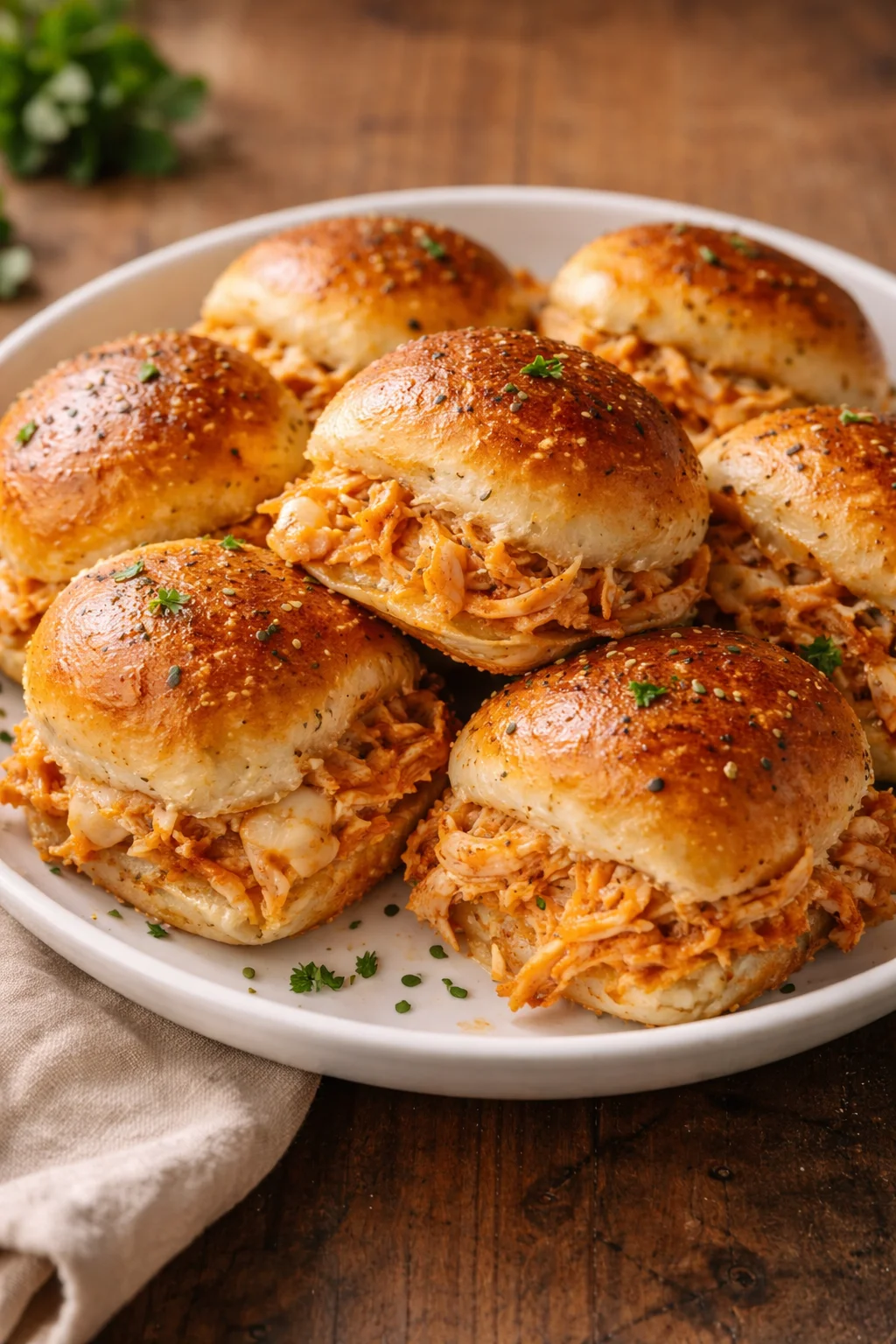 Delicious Spicy Buffalo Chicken Sliders served with dipping sauce