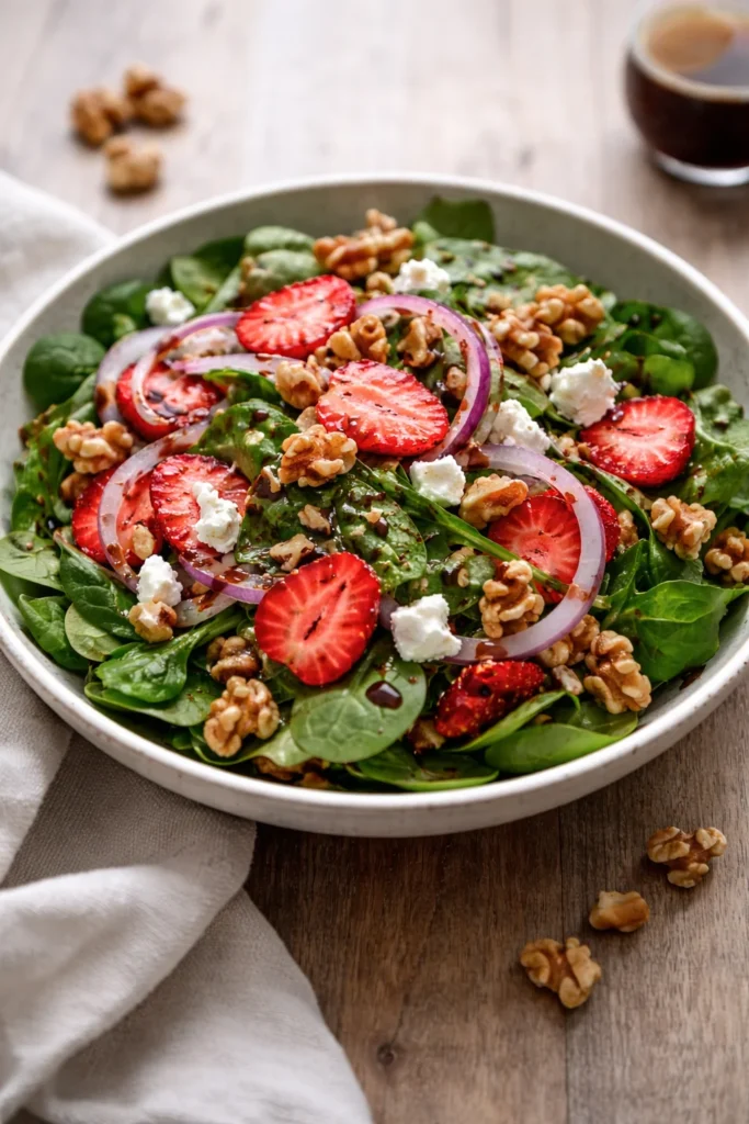 A colorful spring mix salad drizzled with balsamic honey dressing.