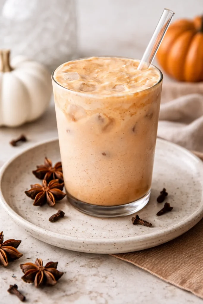 Iced pumpkin cream chai latte in a glass with whipped cream and spices