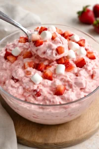 A bowl of Strawberry Fluff Jello Salad with whipped cream and fresh strawberries