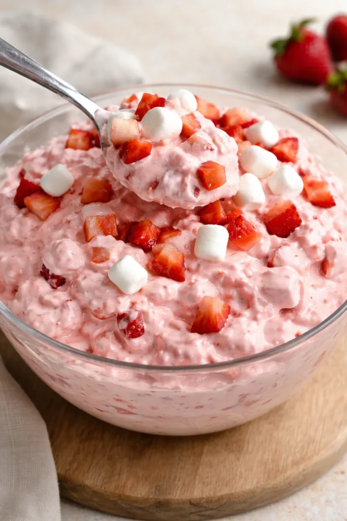 A bowl of Strawberry Fluff Jello Salad with whipped cream and fresh strawberries