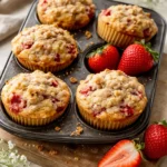 Freshly baked Strawberry Streusel Muffins with crunchy topping and strawberries