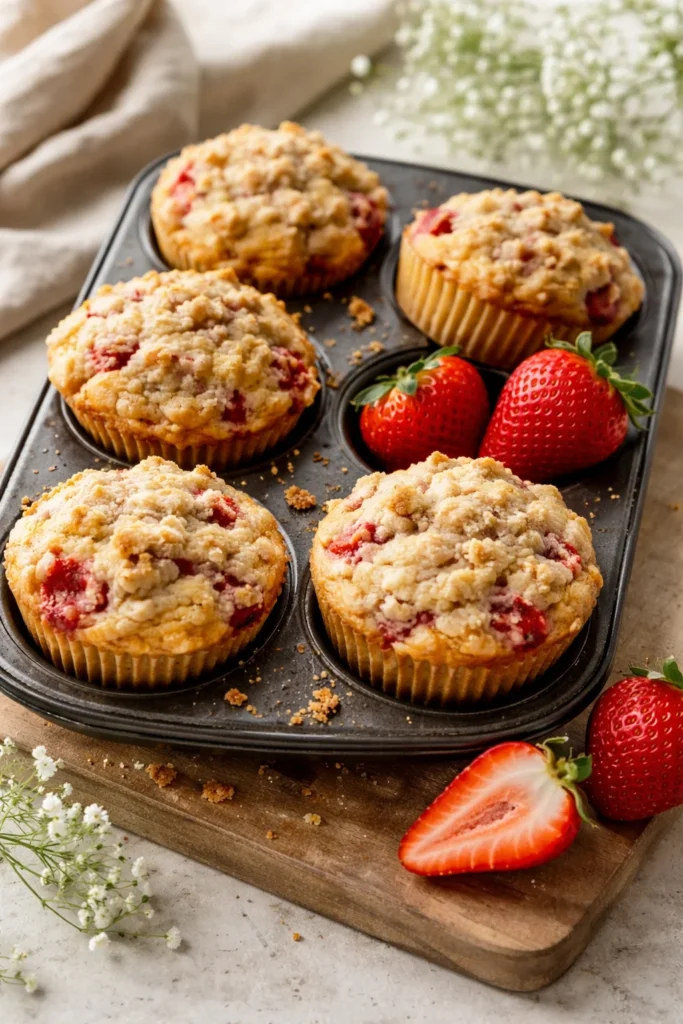 Freshly baked Strawberry Streusel Muffins with crunchy topping and strawberries