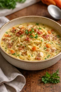 Delicious bowl of crack chicken noodle soup with chicken, noodles, and veggies.