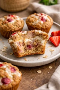 Vegan and gluten-free strawberries and cream muffins on a rustic table