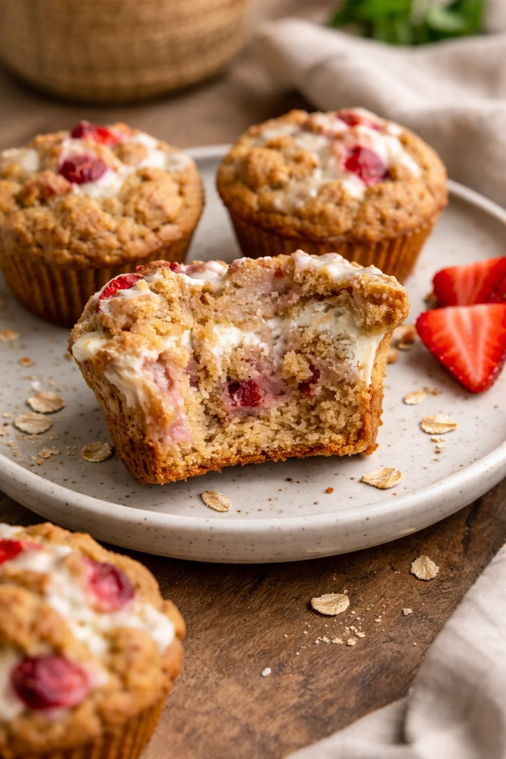 Vegan and gluten-free strawberries and cream muffins on a rustic table