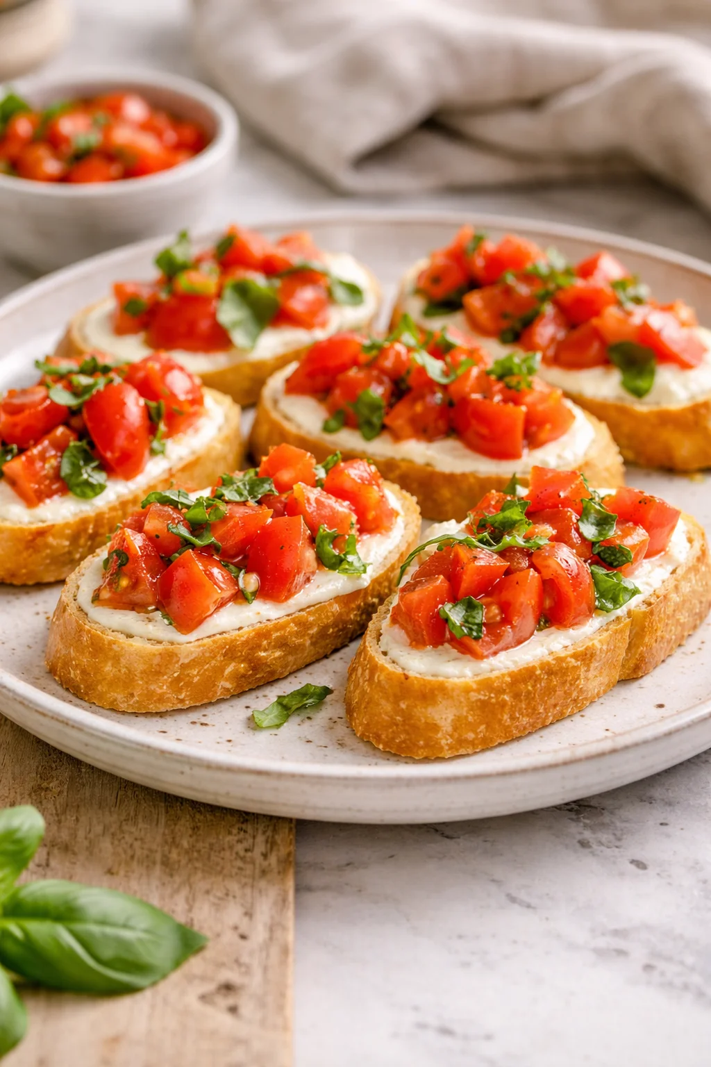 Whipped feta tomato crostini topped with fresh basil on a serving platter.