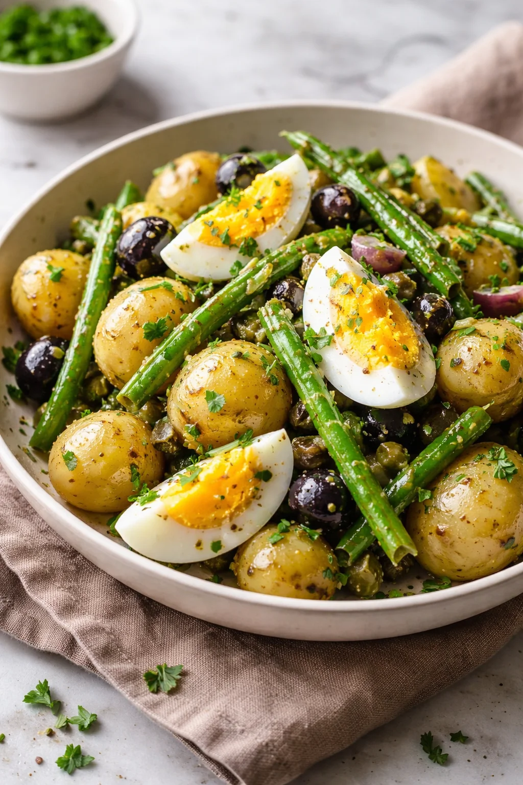 Zesty French-Style Potato and Green Bean Salad served on a plate.