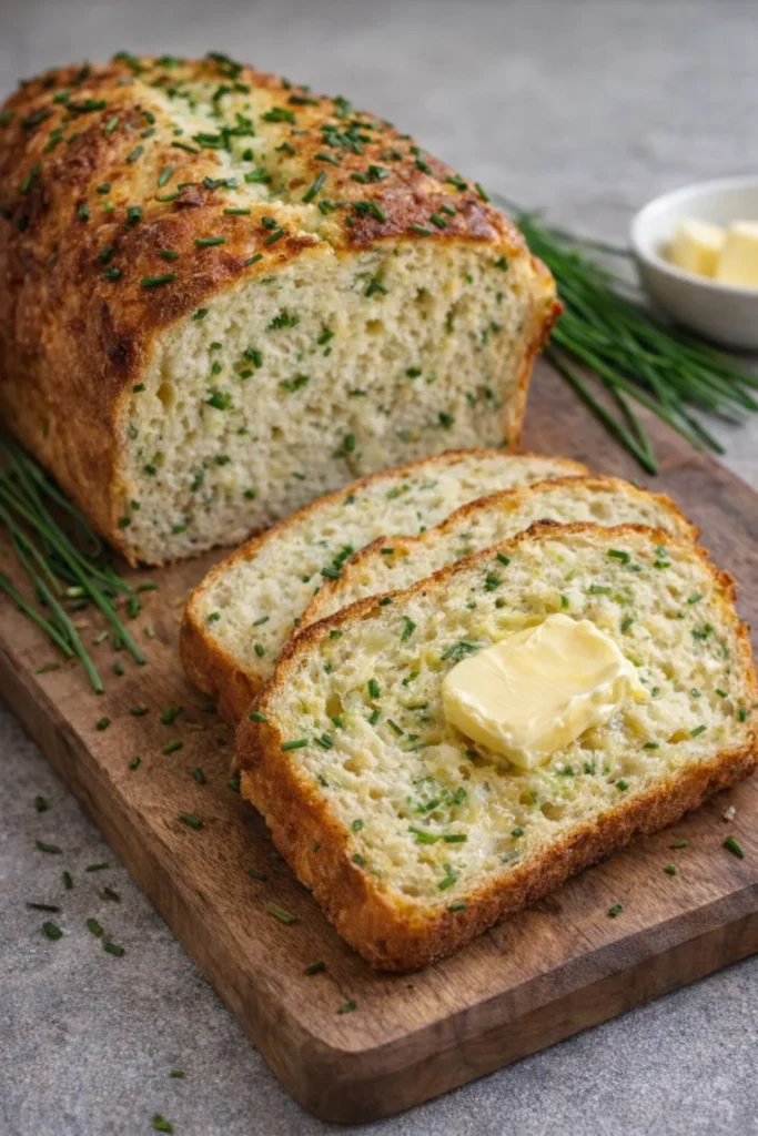 Loaf of freshly baked 2-Ingredient Cottage Cheese Bread on a wooden cutting board.