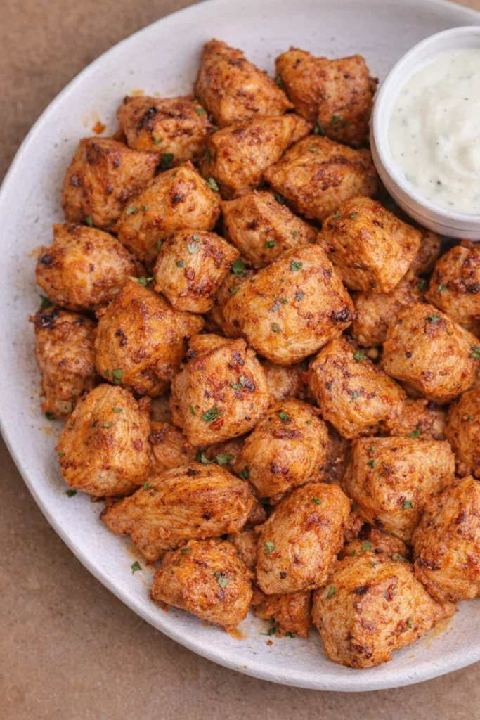 Healthy low carb buffalo chicken bites on a plate with dipping sauce