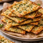 Baked zucchini herb crackers on a wooden board