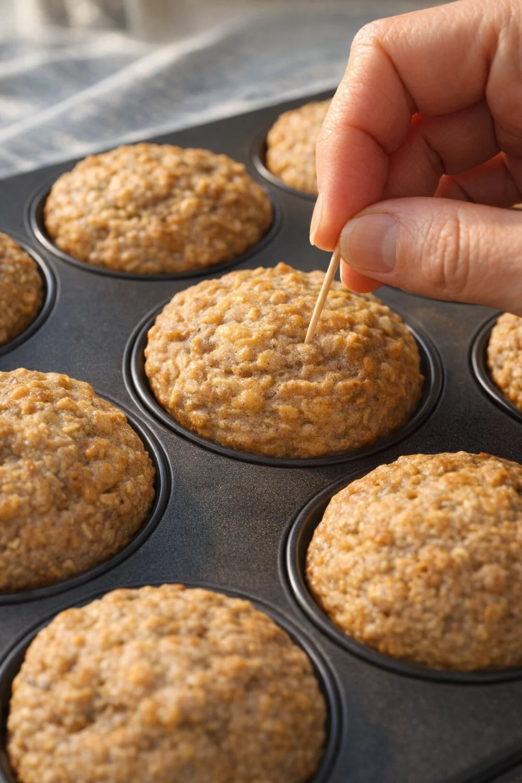 Freshly baked Banana Oatmeal Muffins on a wooden table
