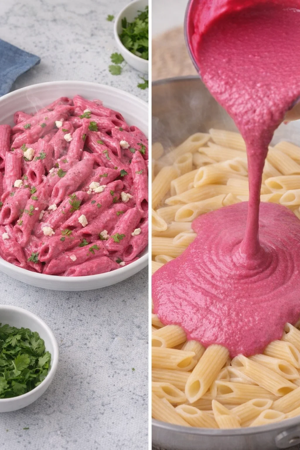 Delicious creamy beet pasta topped with herbs and cheese