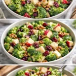 A vibrant broccoli salad with apples and cranberries served in a bowl