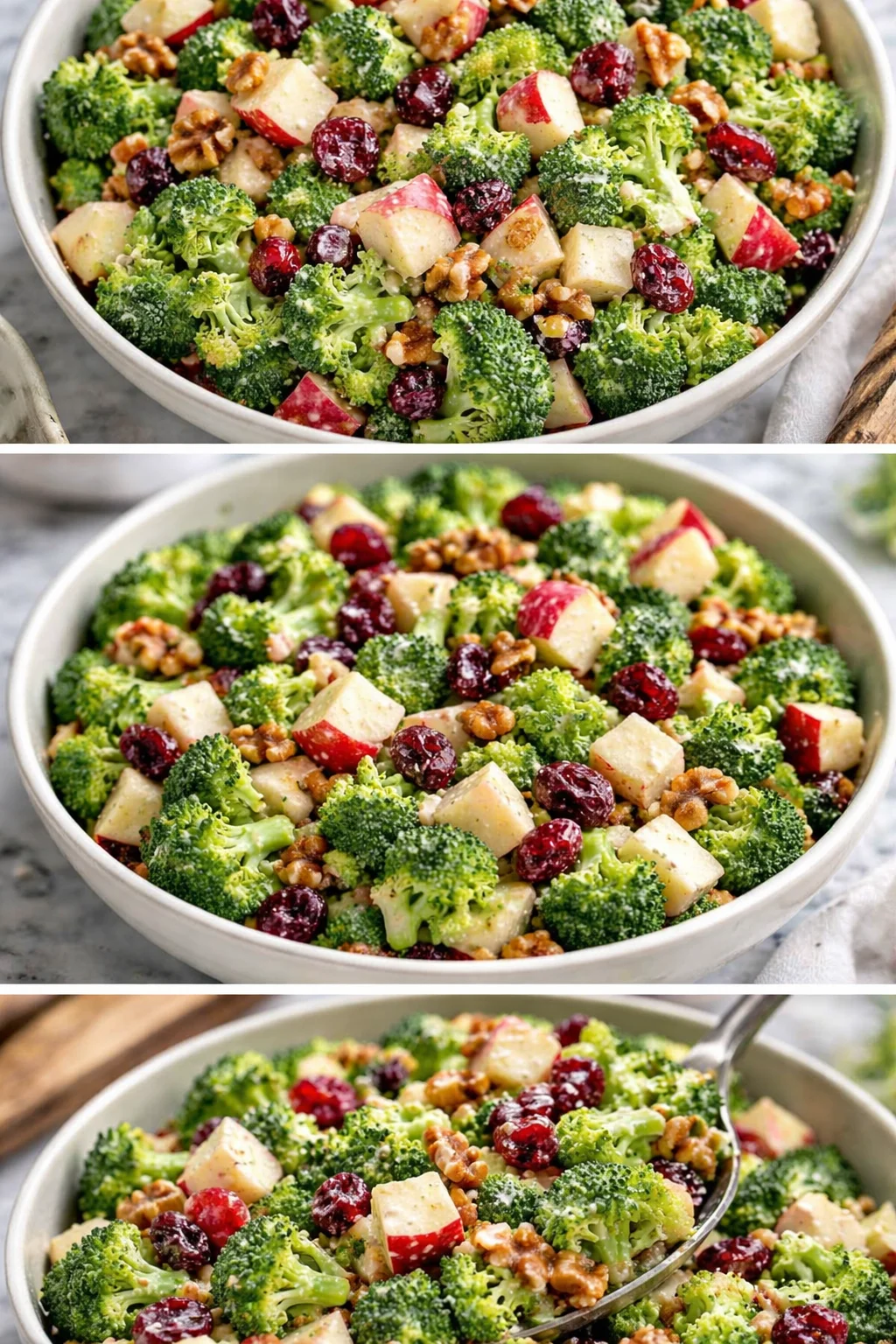 A vibrant broccoli salad with apples and cranberries served in a bowl
