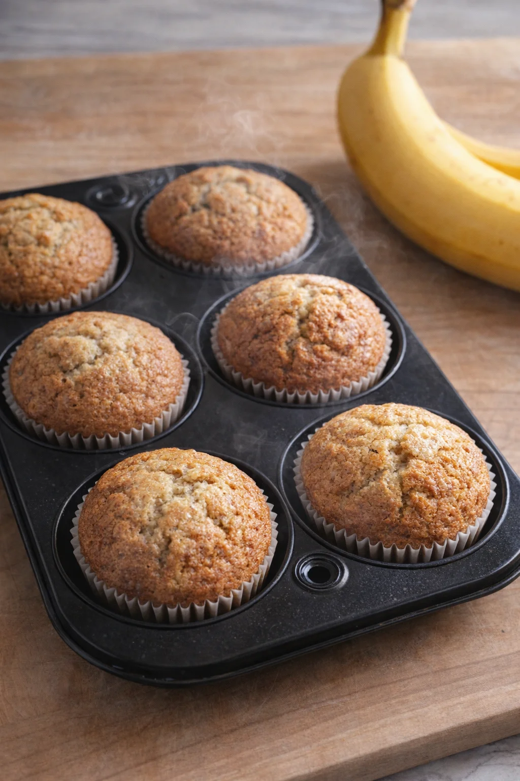 Delicious homemade banana muffins cooling on a wire rack.