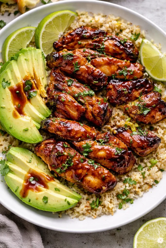 Delicious Hawaiian BBQ chicken served with grilled vegetables and pineapple.