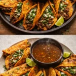 Delicious birria tacos served with consomé and toppings