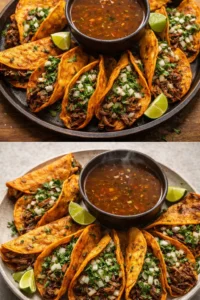 Delicious birria tacos served with consomé and toppings