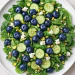 Blueberry Pistachio Spring Salad garnished with fresh ingredients and colorful toppings.