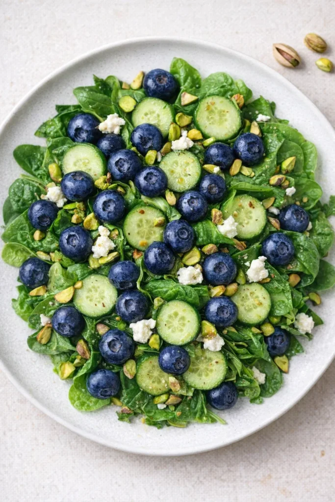 Blueberry Pistachio Spring Salad garnished with fresh ingredients and colorful toppings.