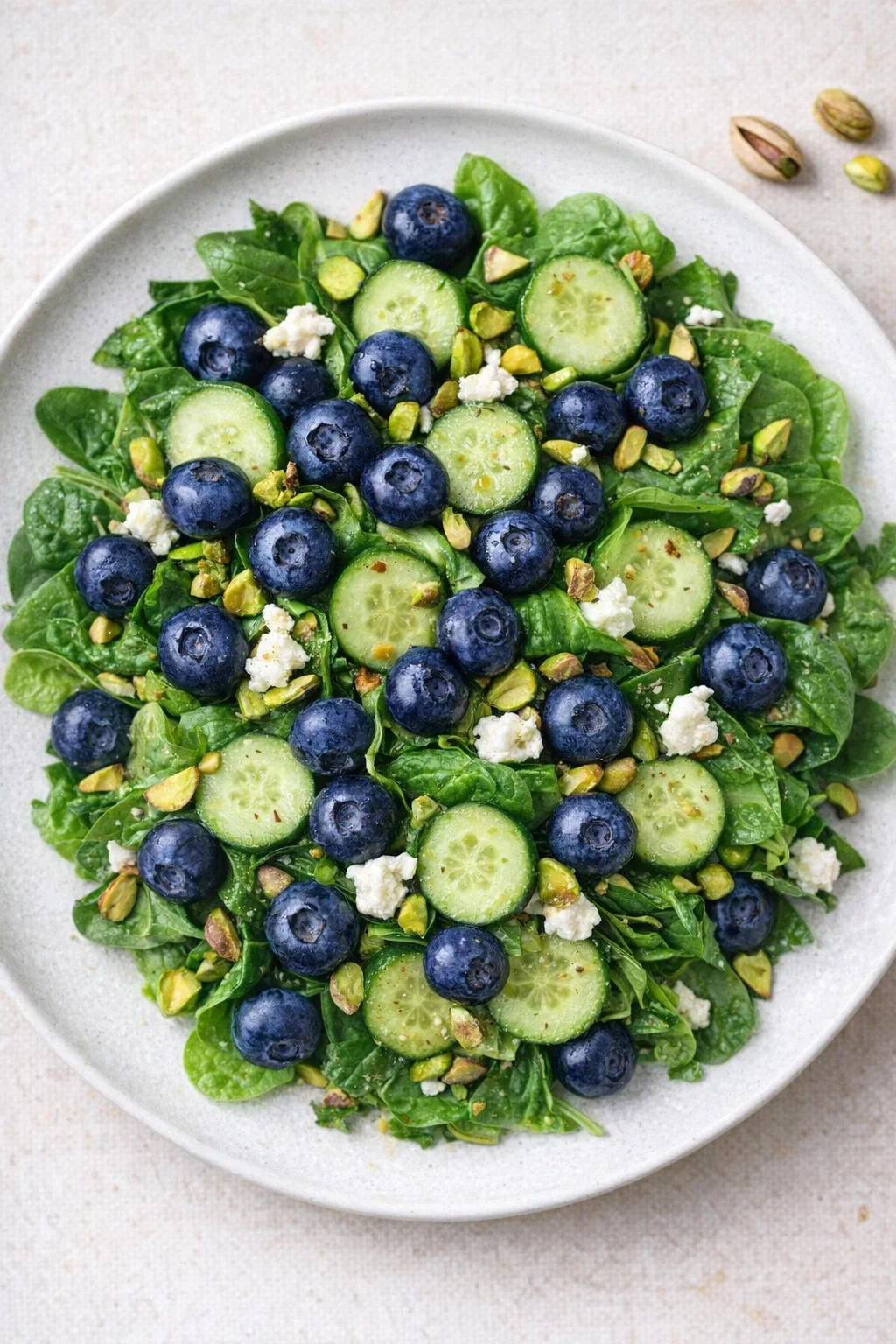 Blueberry Pistachio Spring Salad garnished with fresh ingredients and colorful toppings.