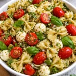 Bow Tie Pasta Salad with colorful veggies and dressing in a bowl