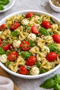 Bow Tie Pasta Salad with colorful veggies and dressing in a bowl