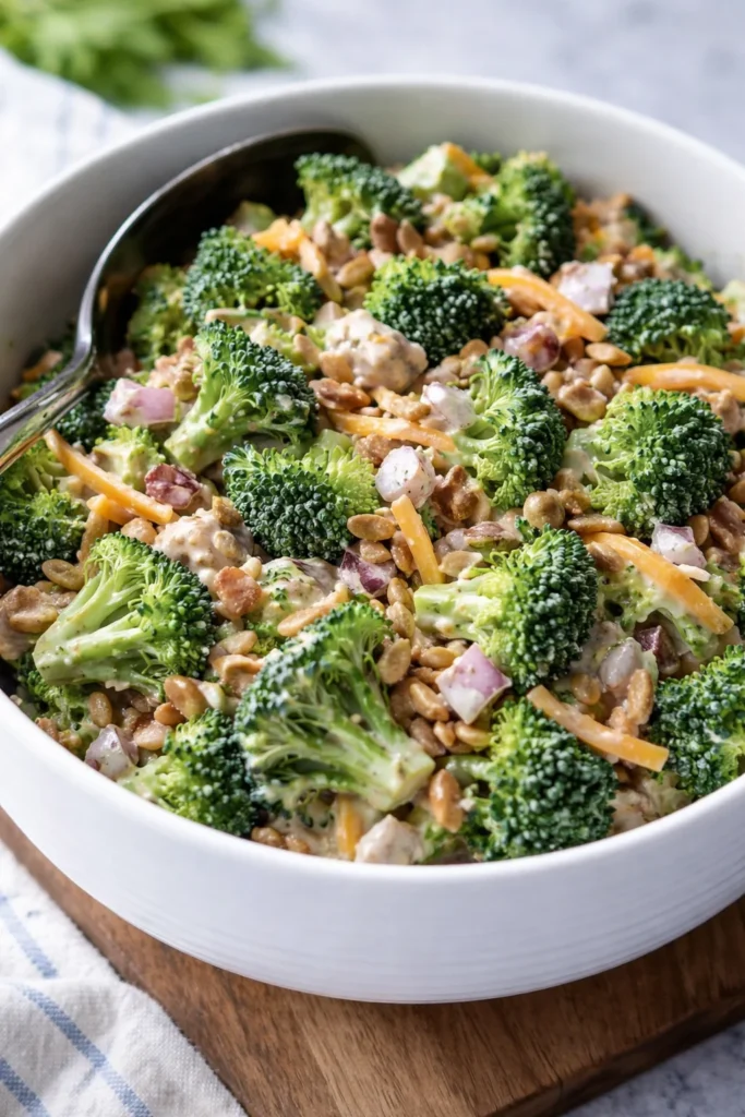 Fresh broccoli salad with colorful vegetables and dressing