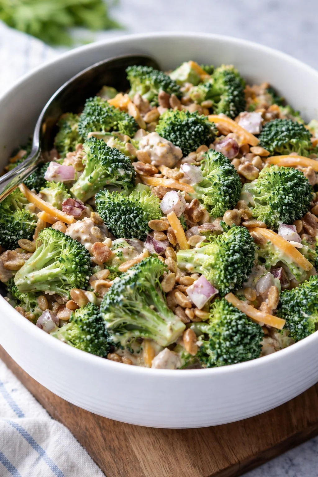 Fresh broccoli salad with colorful vegetables and dressing