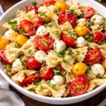 Fresh Caprese Pasta Salad with tomatoes, mozzarella, and basil