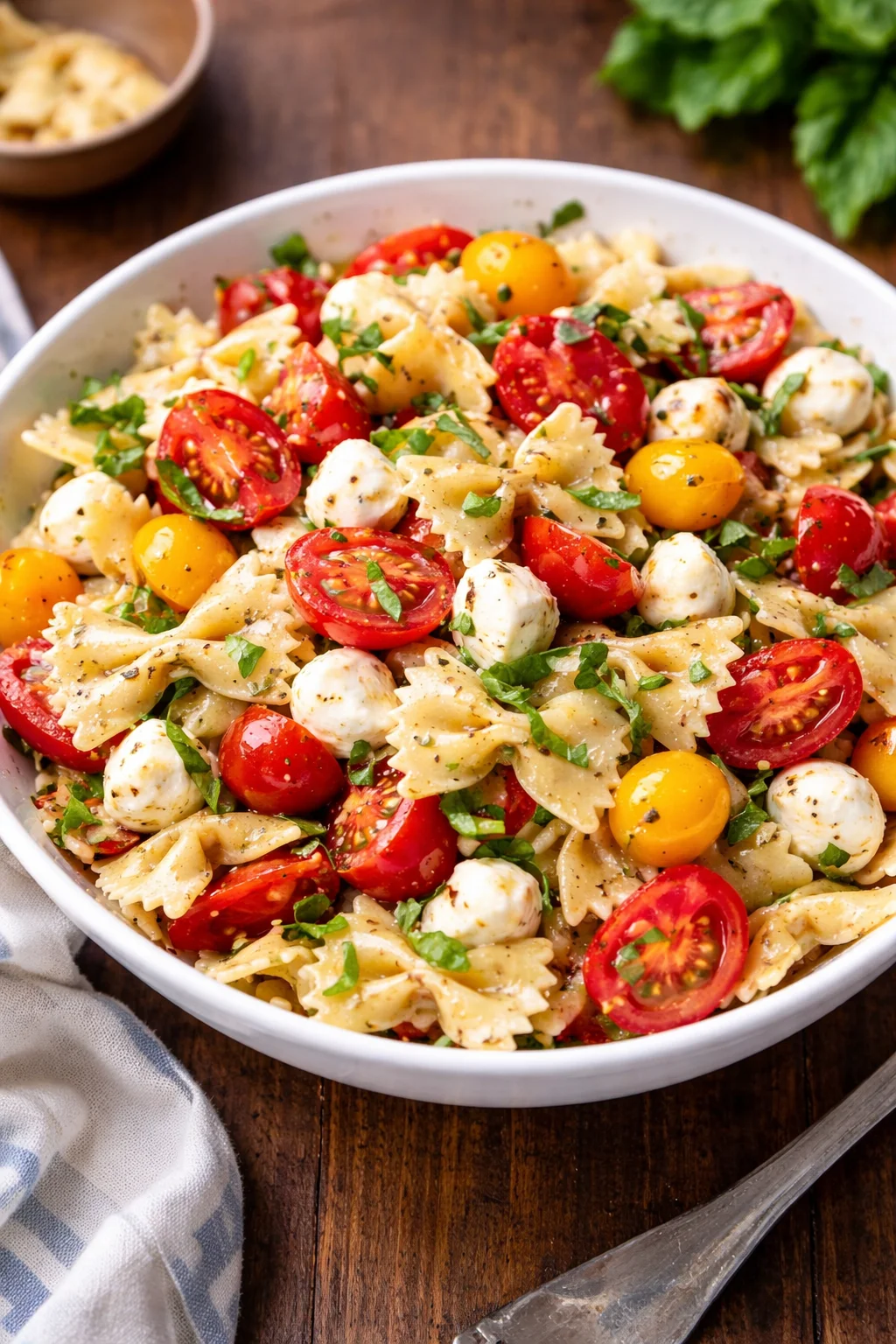 Fresh Caprese Pasta Salad with tomatoes, mozzarella, and basil